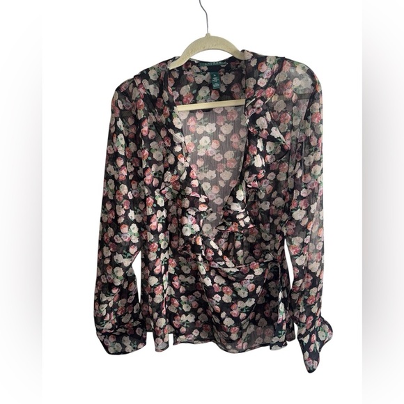 Ralph Lauren Tops - Lauren Ralph Lauren Sheer Floral Ruffle Blouse XL – Romantic Black Rose Print